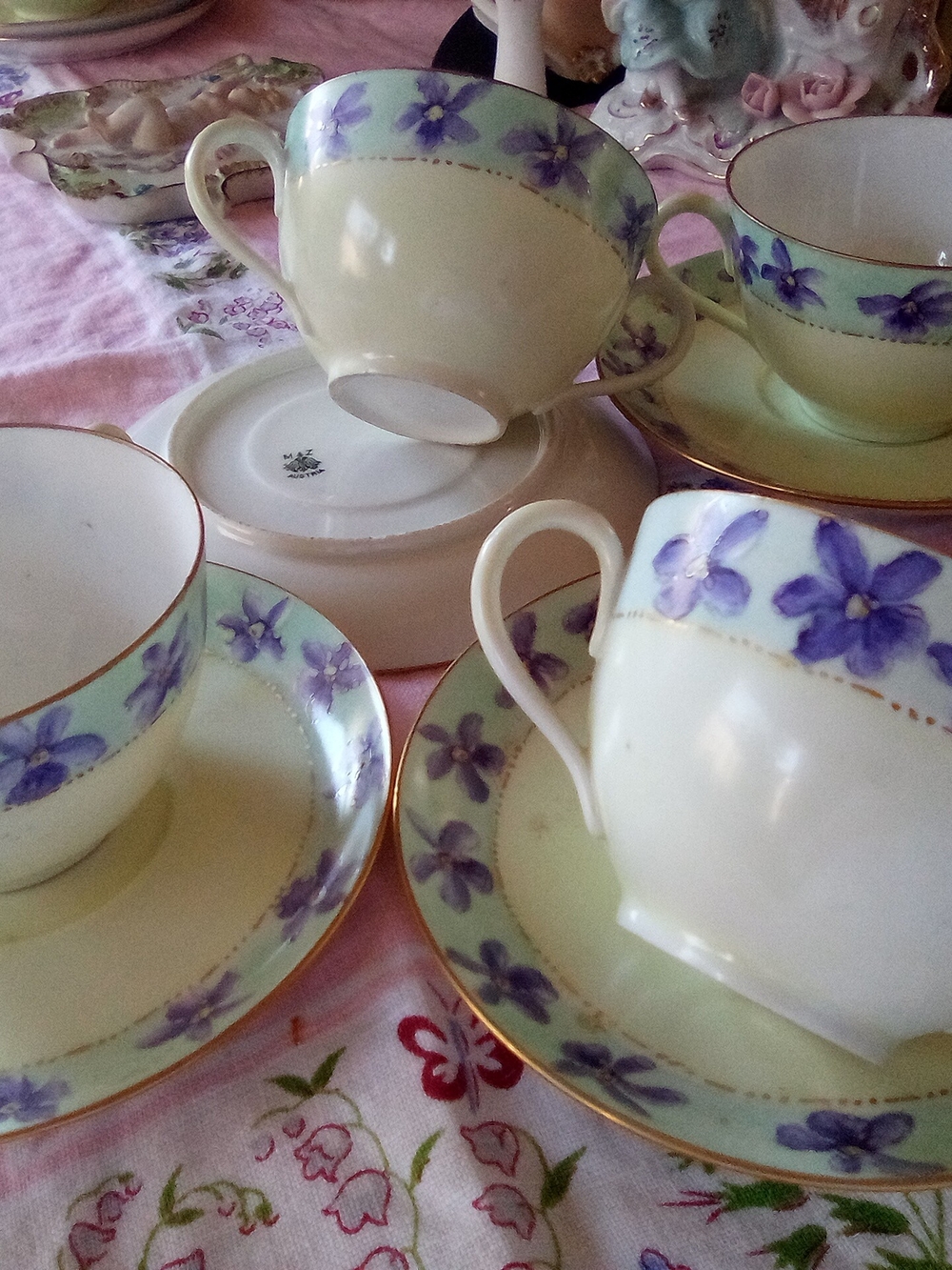 MZ Austria Double Handle Porcelain Teacups Saucers Violets